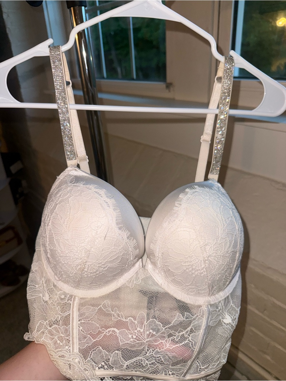 Victoria's Secret White Lace Longline Bra with Sparkle Straps